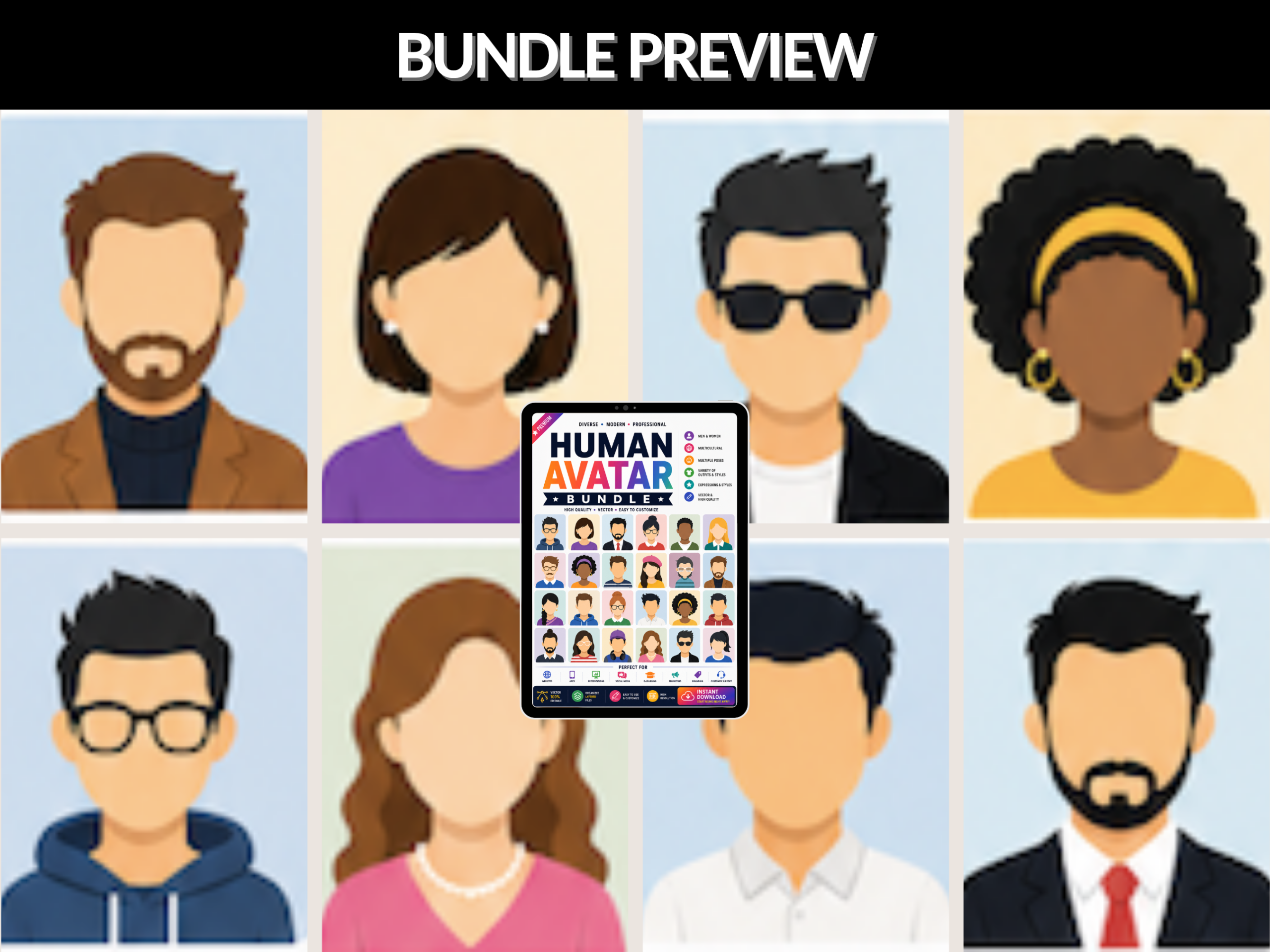 Human avatar bundle | Human Avatar, Avatar Pack, Cartoon Avatar, Vector Avatar, Character Pack, Digital Avatar, UI Avatar | PLR MRR Rights