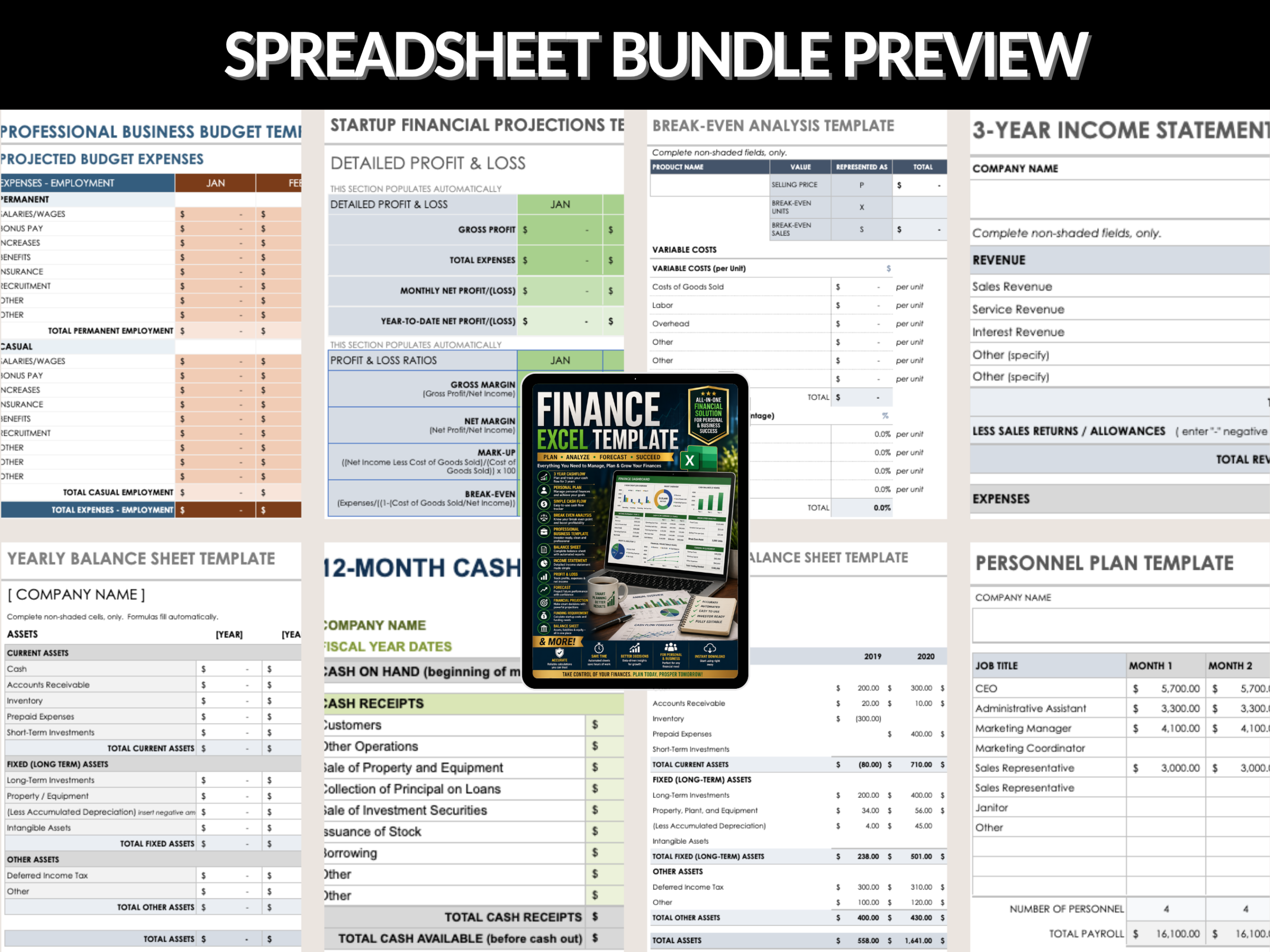 Finance template | Excel, Google sheet | Finance sheet, Balance sheet, Finance plan, Income statement, Break even analysis |MRR PLR Rights