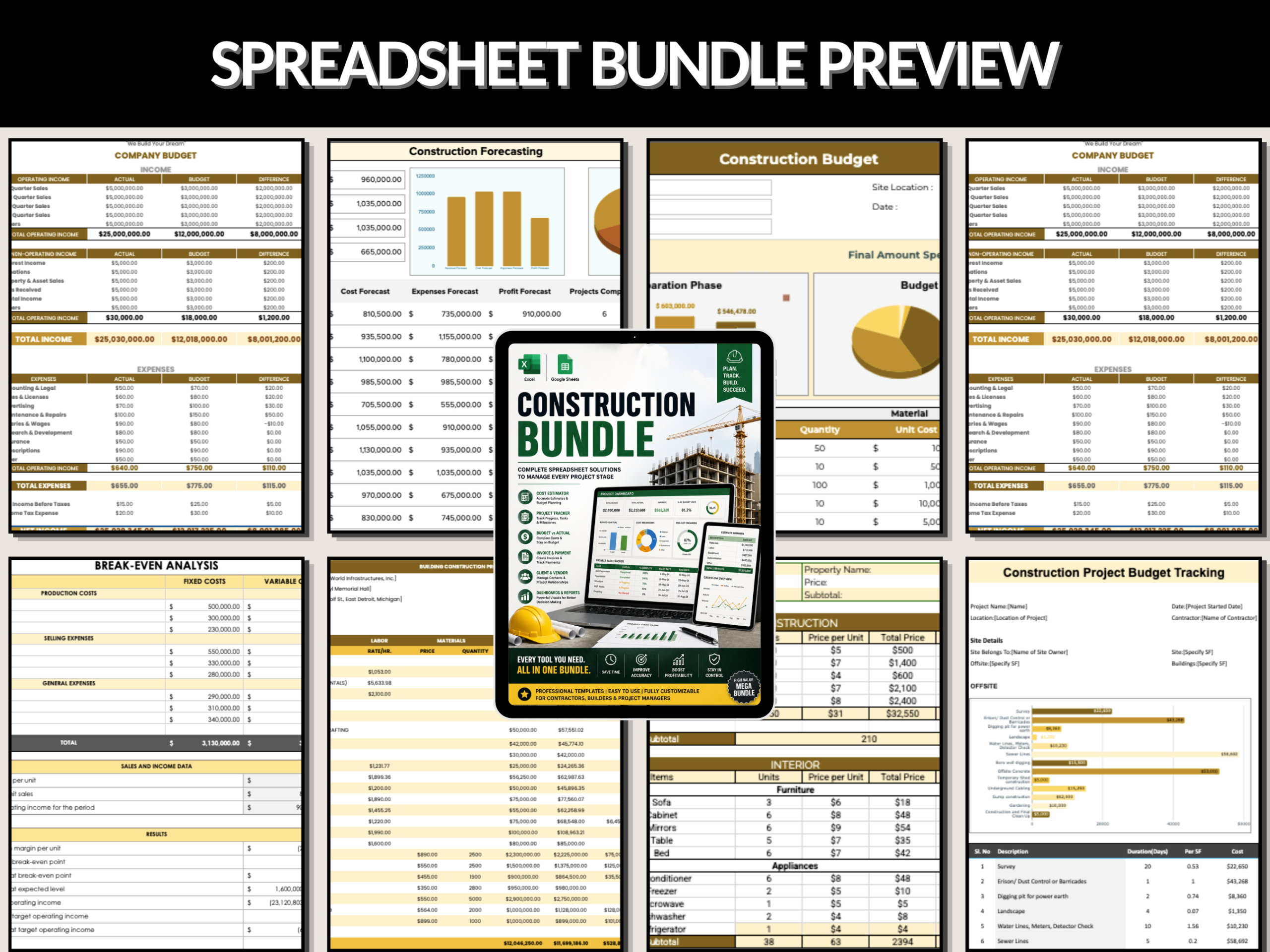 Construction bundle | Excel template & google sheets | Construction budget, trackers, construction management, dashboard | PLR MRR Rights