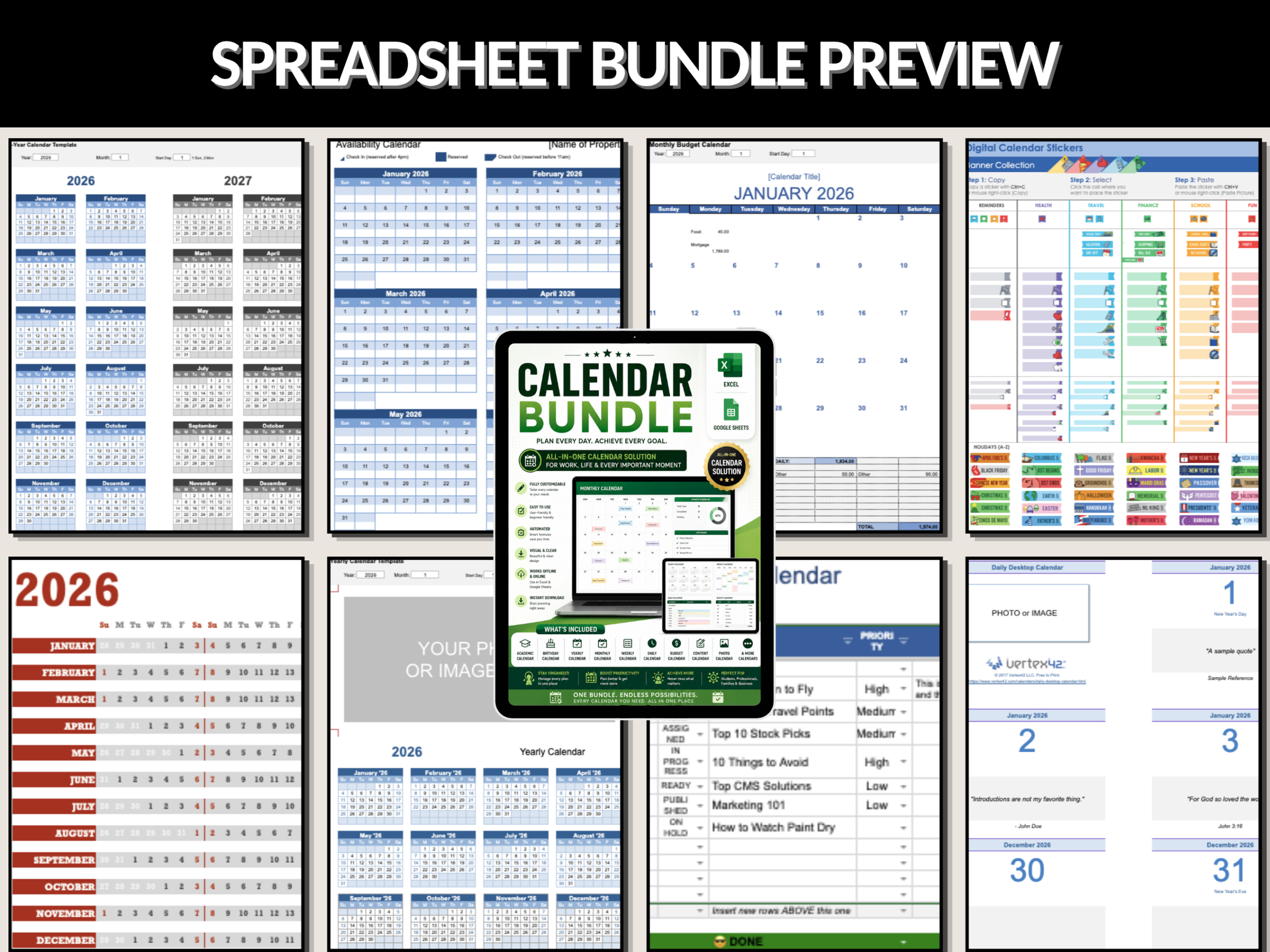 Calendar bundle | Excel template & google sheets | Yearly Monthly weekly daily calendars | digital calendar, excel calendar | MRR PLR Rights