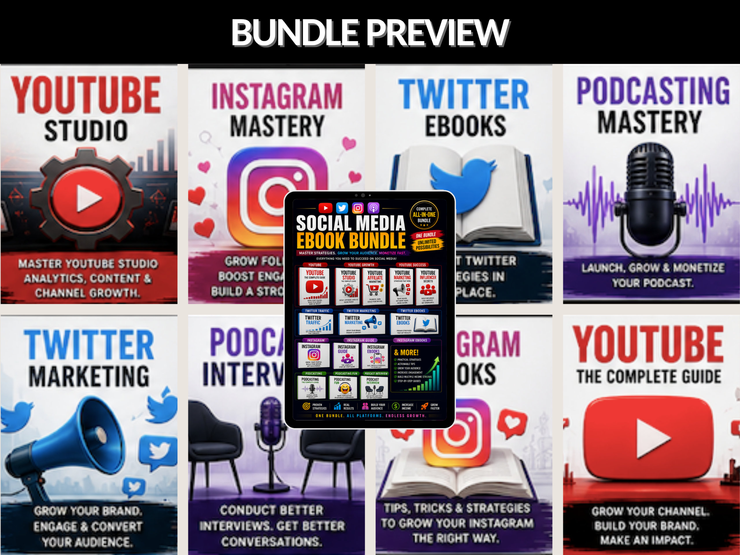 Social media ebook bundle | Youtube, Instagram, Twitter, Podcast, Affiliate, Blogging,  Ebooks collection, guides, tips | PLR MRR Rights