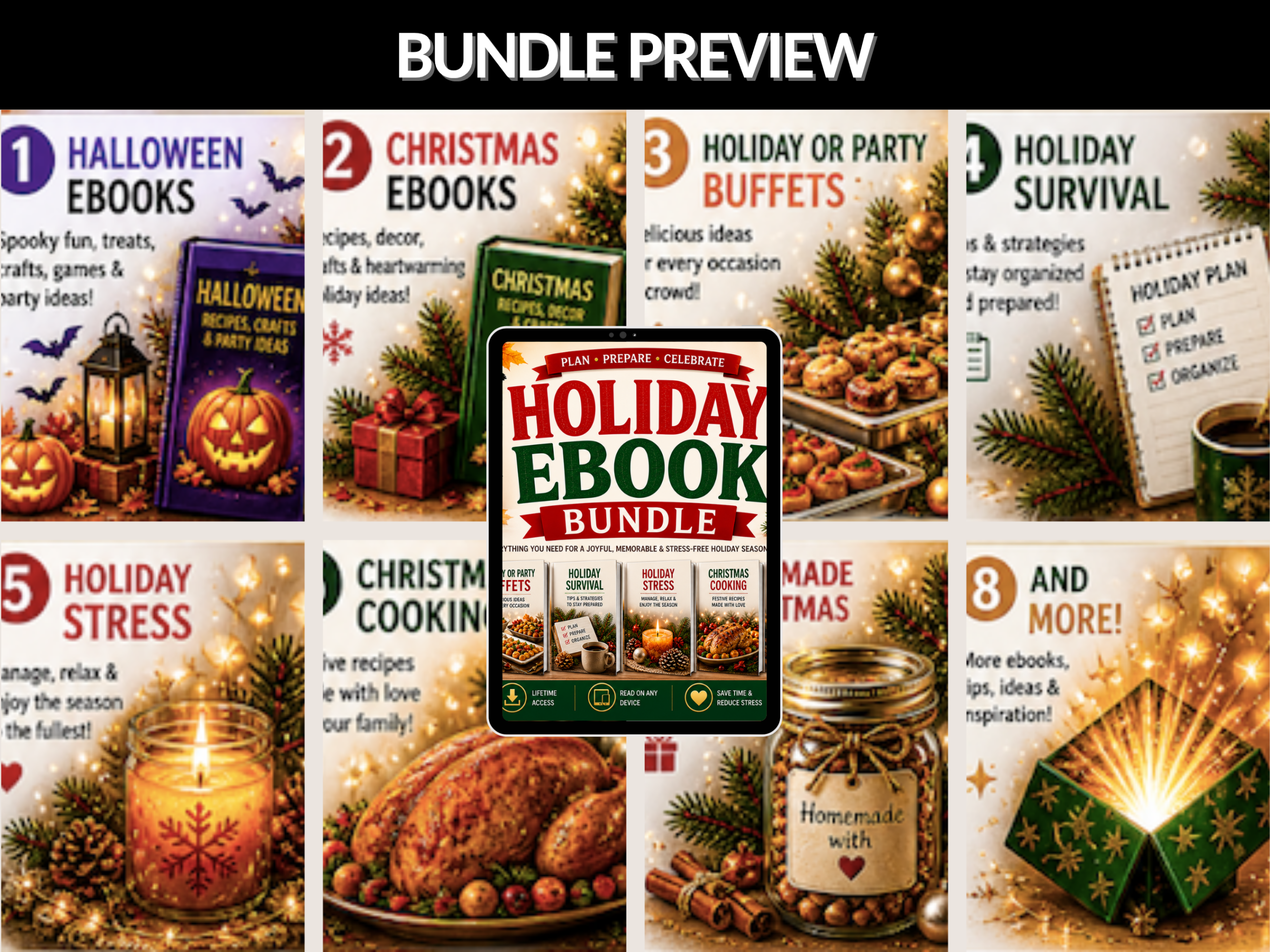 Holiday bundle | Holiday ebooks, tips, guides | Christmas, Halloween, Recipes, Holiday packages, Holiday party | PLR MRR Rights