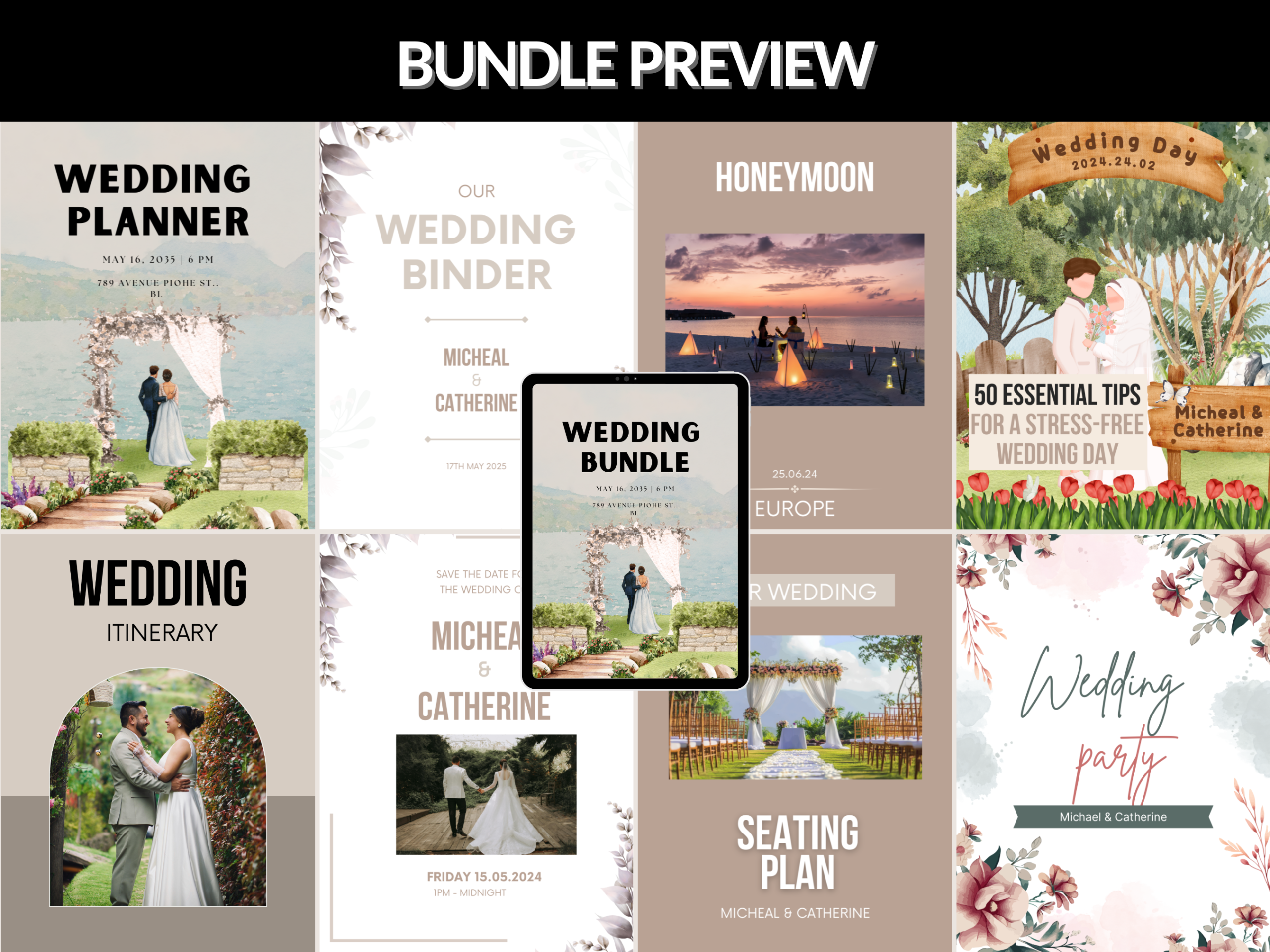 Wedding Bundle | Editable Invitations, Party, binder, seating plan, cards, honeymoon Templates |Wedding Set| MRR and PLR Rights