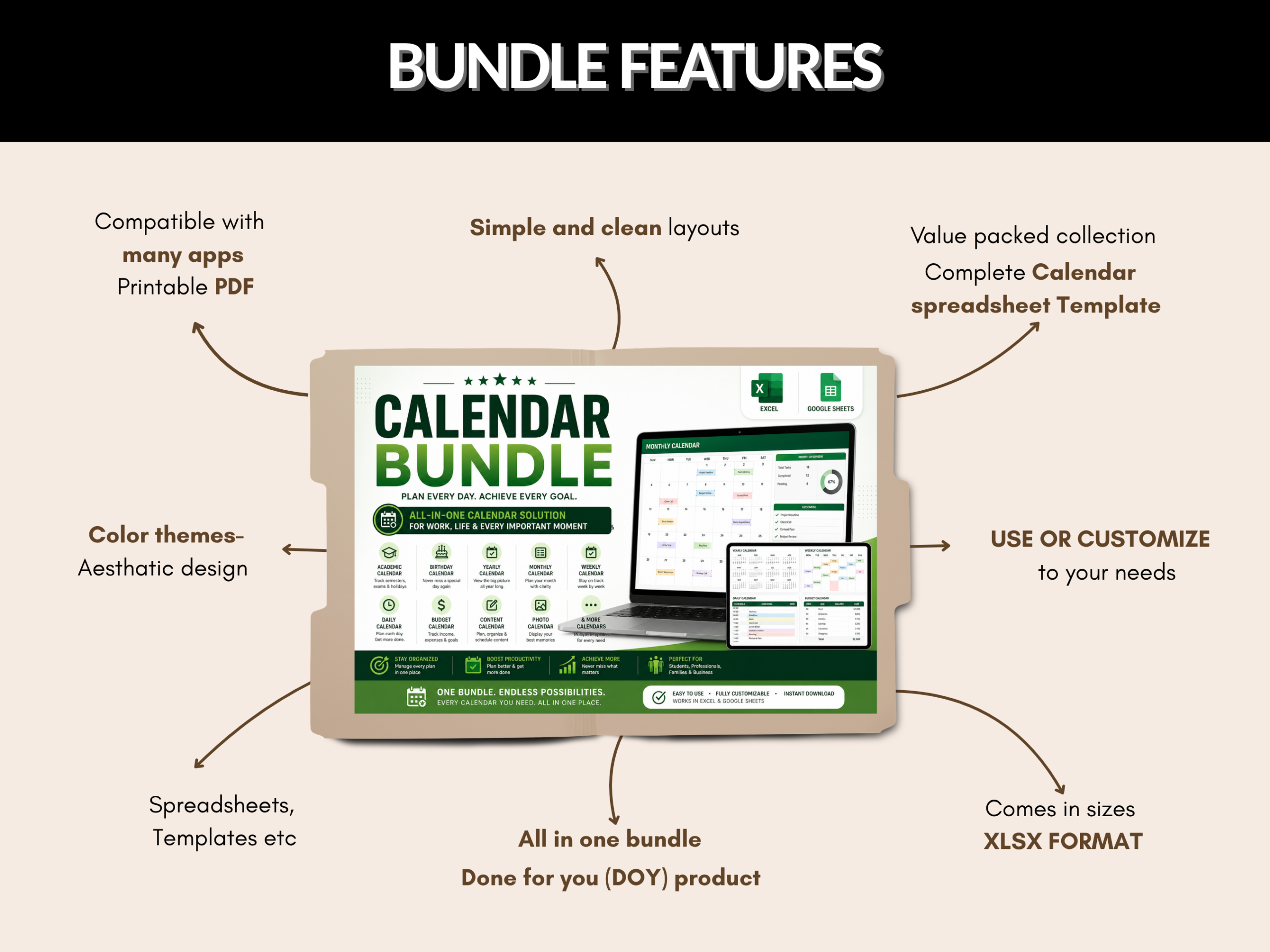 Calendar bundle | Excel template & google sheets | Yearly Monthly weekly daily calendars | digital calendar, excel calendar | MRR PLR Rights