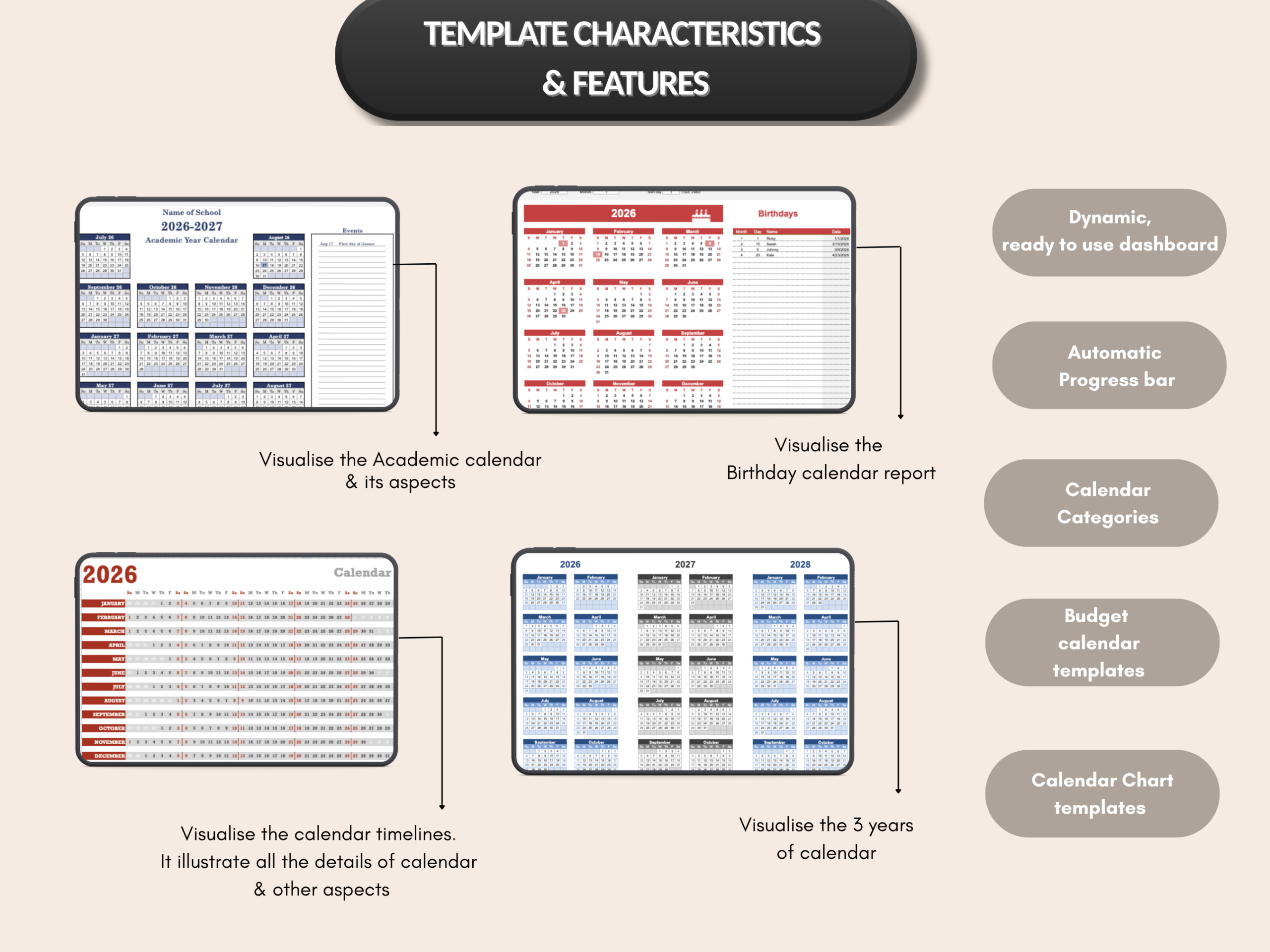 Calendar bundle | Excel template & google sheets | Yearly Monthly weekly daily calendars | digital calendar, excel calendar | MRR PLR Rights