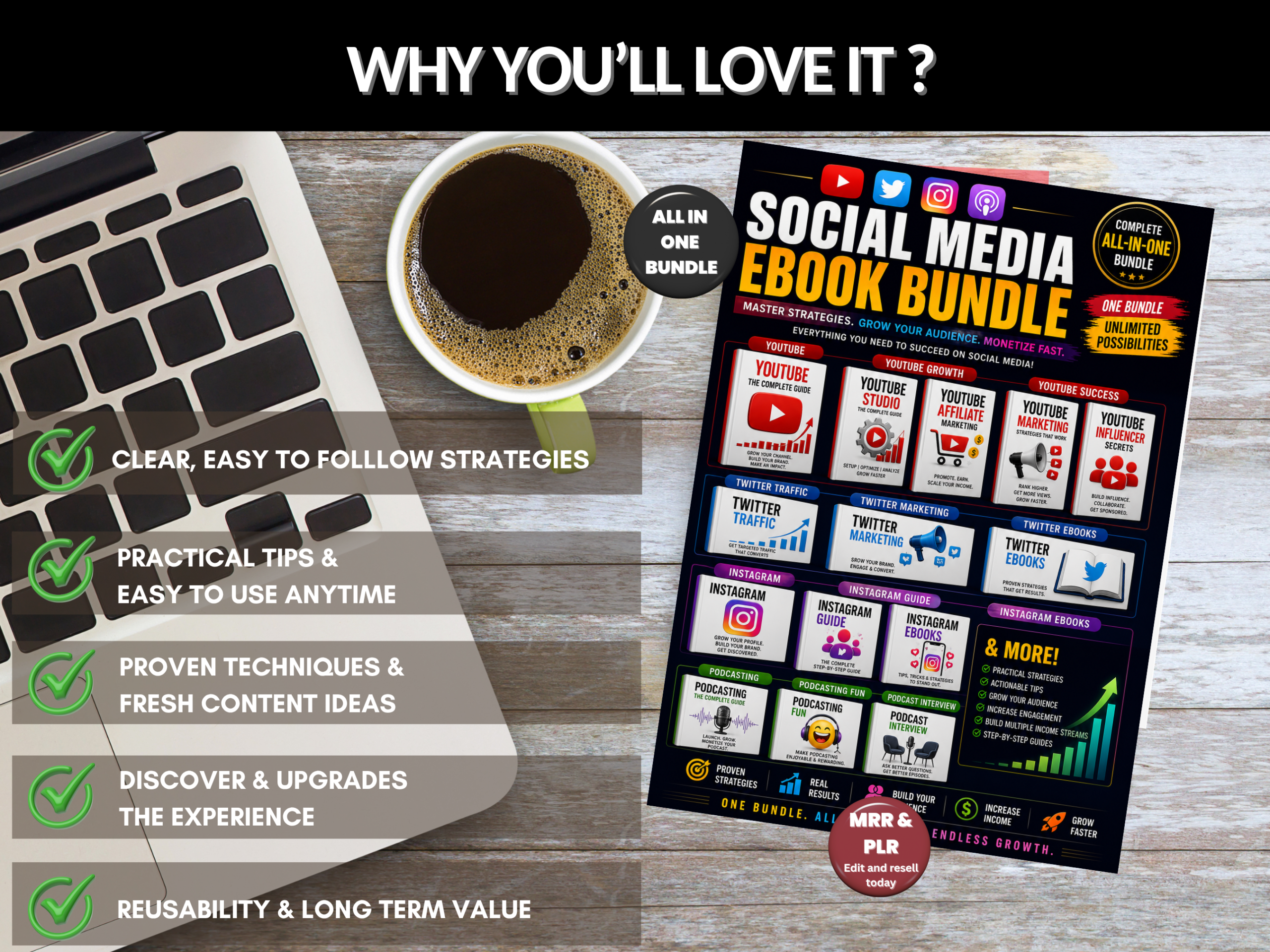 Social media ebook bundle | Youtube, Instagram, Twitter, Podcast, Affiliate, Blogging,  Ebooks collection, guides, tips | PLR MRR Rights
