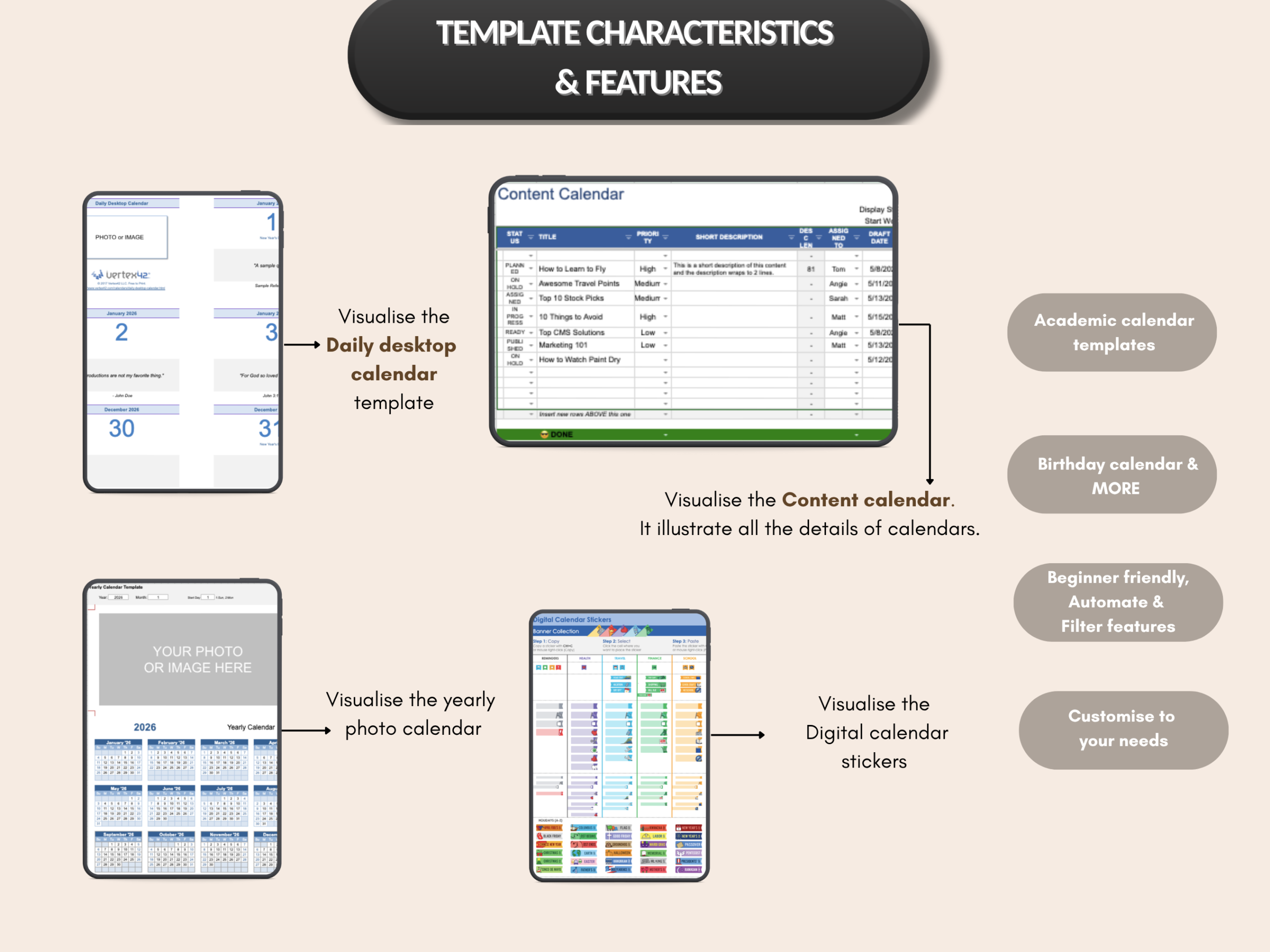Calendar bundle | Excel template & google sheets | Yearly Monthly weekly daily calendars | digital calendar, excel calendar | MRR PLR Rights