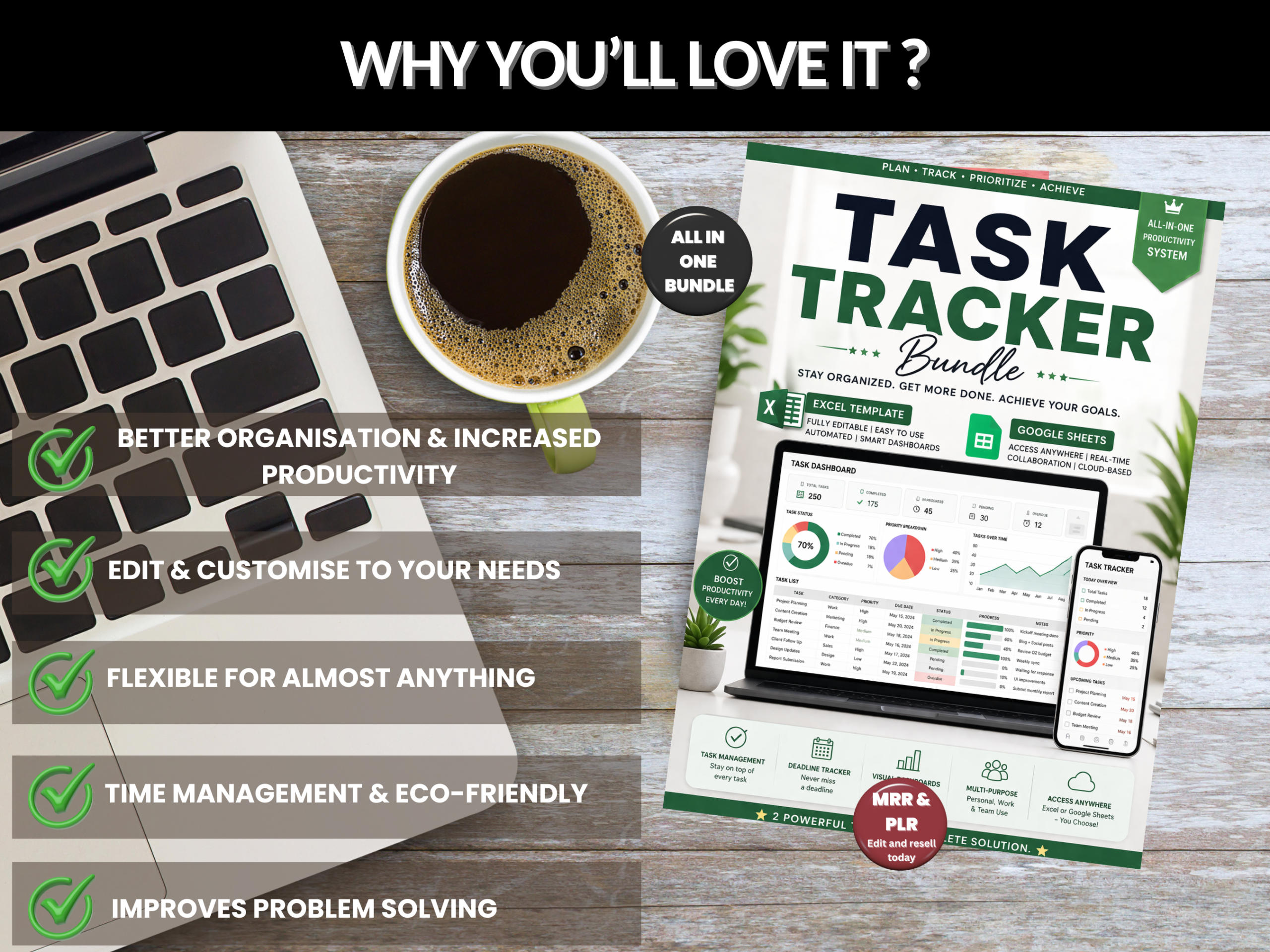Task tracker bundle | Excel templates & google sheets | Task planner, productivity tool, Project task, task management | PLR MRR Rights