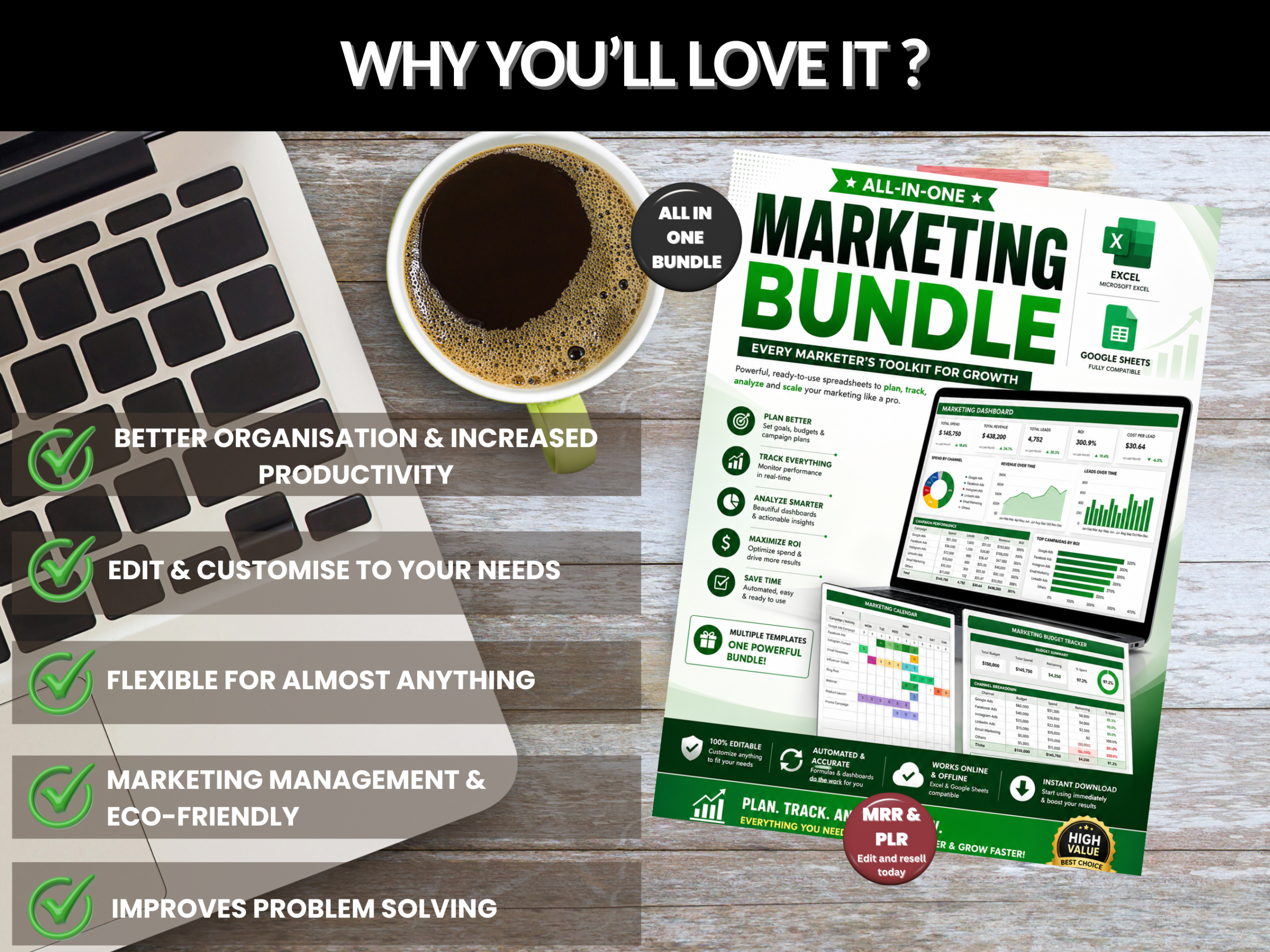 Marketing bundle | Excel templates & Google sheets | Marketing plan tracker analytics management | Marketing excel template | PLR MRR Rights