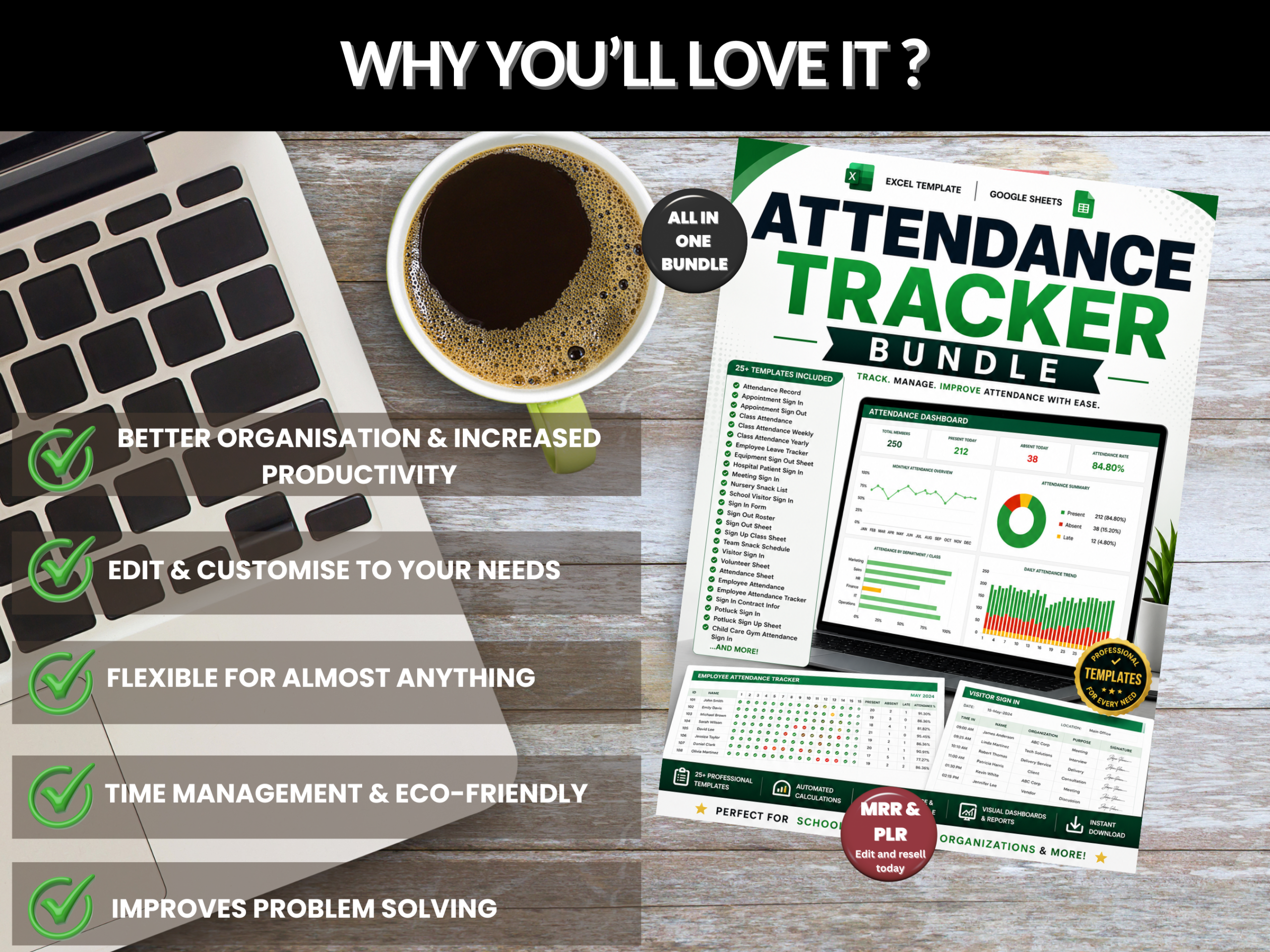 Attendance tracker bundle | Excel templates & Google sheets | Attendance record, employee, visitor login, sign in up, class  |PLR MRR Rights