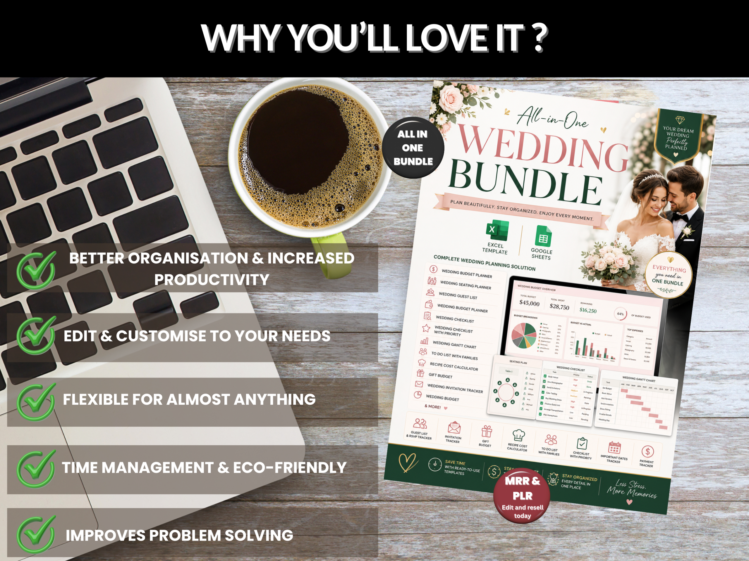 Wedding bundle | Excel templates & Google sheets | Wedding planner, budget, organiser, tracker, checklist, excel wedding | PLR MRR Rights