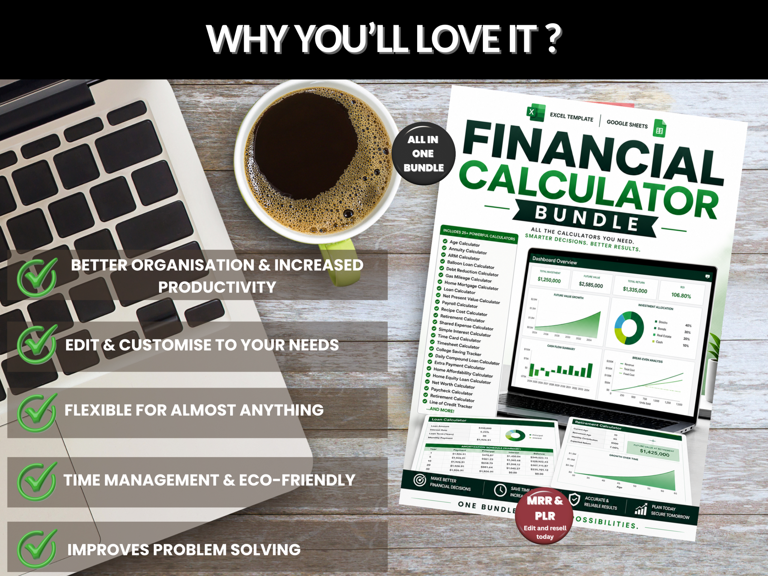 Financial calculator bundle |Excel templates & Google sheets |Finance tools, tracker, loan calculator, Retirement calculator| PLR MRR Rights