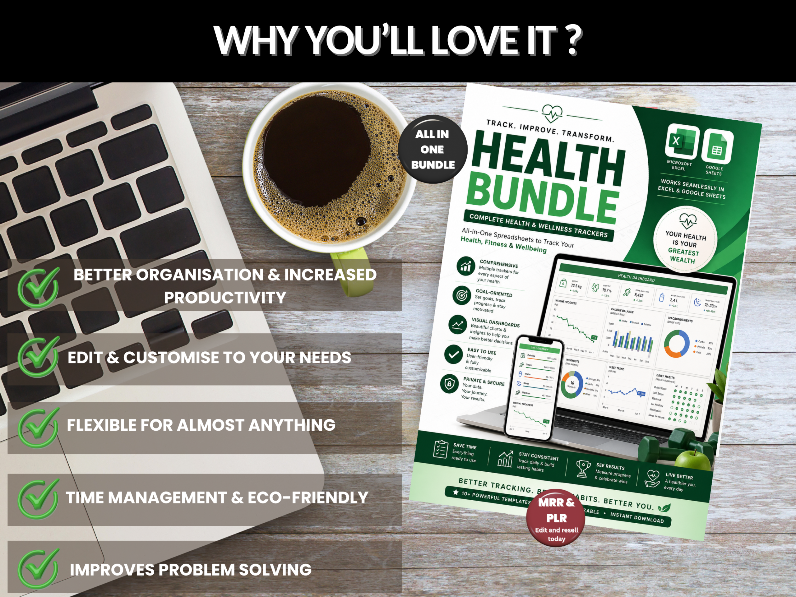 Health bundle | Excel and Google sheets | Health dashboard, Exercise tracker, fitness, Progress charts, Weight loss tracker | PLR MRR Rights