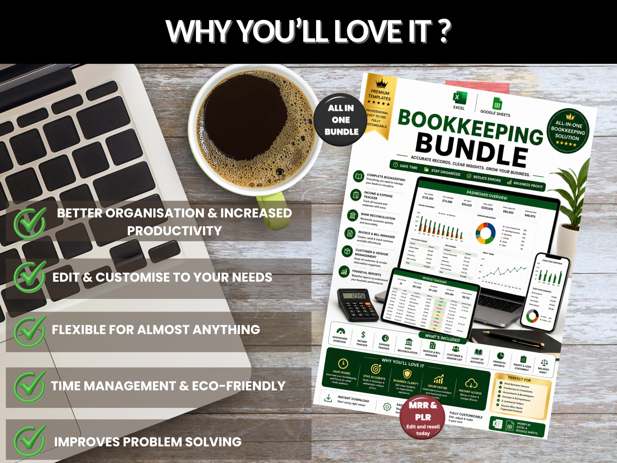 Book keeping bundle |Excel templates & Google sheets |Bookkeeping ledger, reseller tracker, trial balance sheets, timesheet | MRR PLR Rights