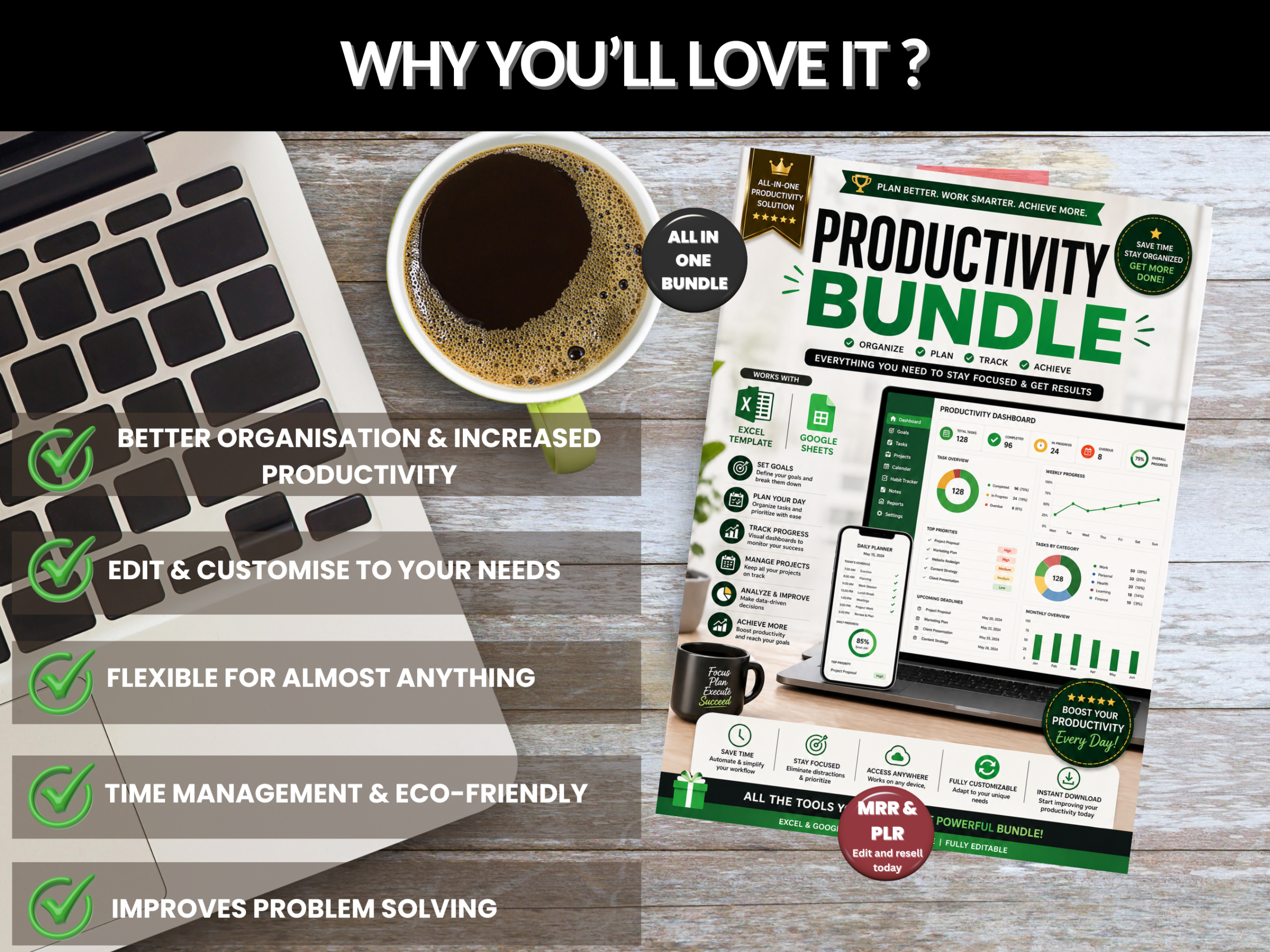 Productivity bundle | Excel templates & Google sheets | Productivity Kit, Goal tracker, habit tracker, Productivity hub | PLR MRR Rights