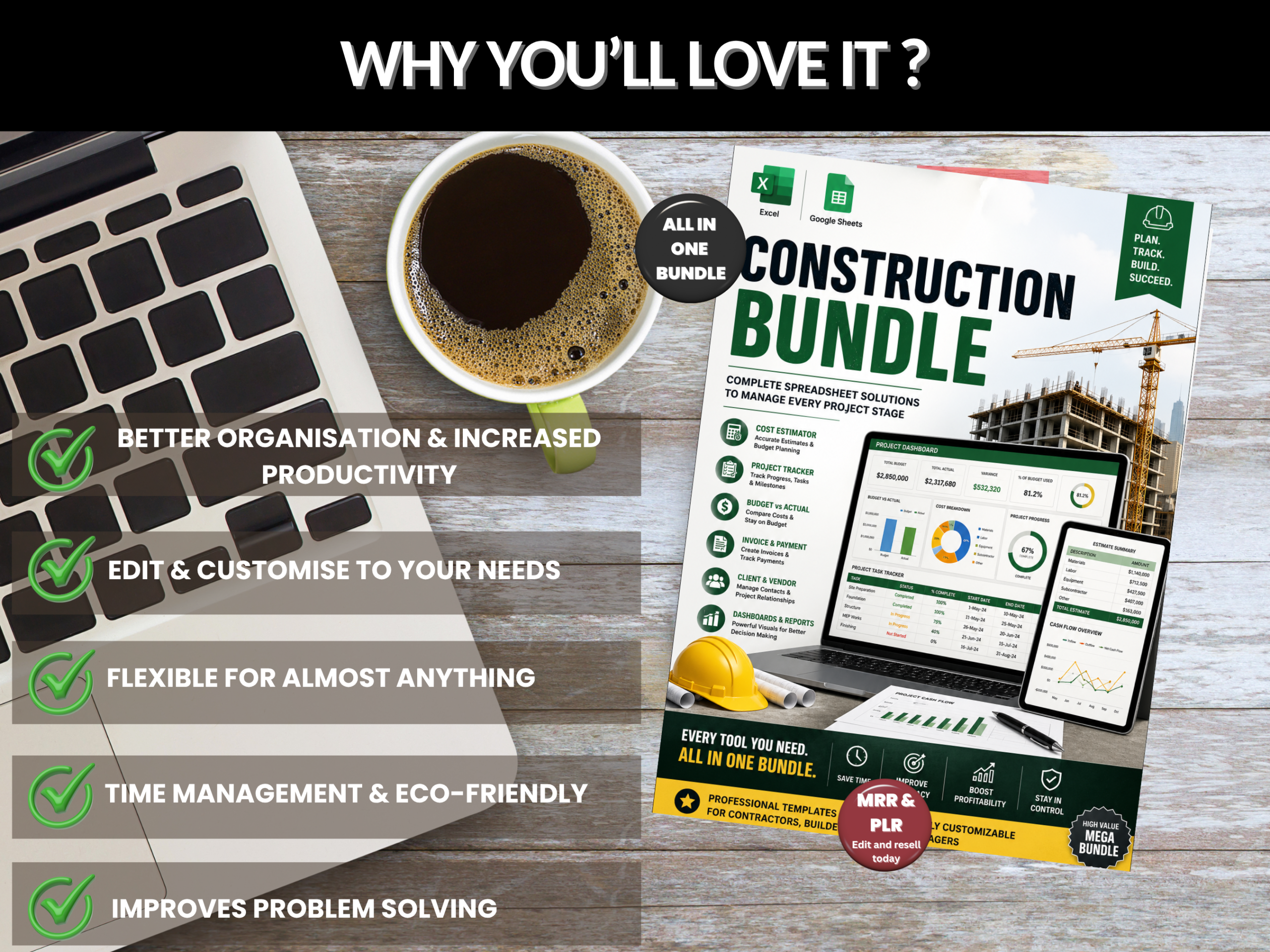 Construction bundle | Excel template & google sheets | Construction budget, trackers, construction management, dashboard | PLR MRR Rights