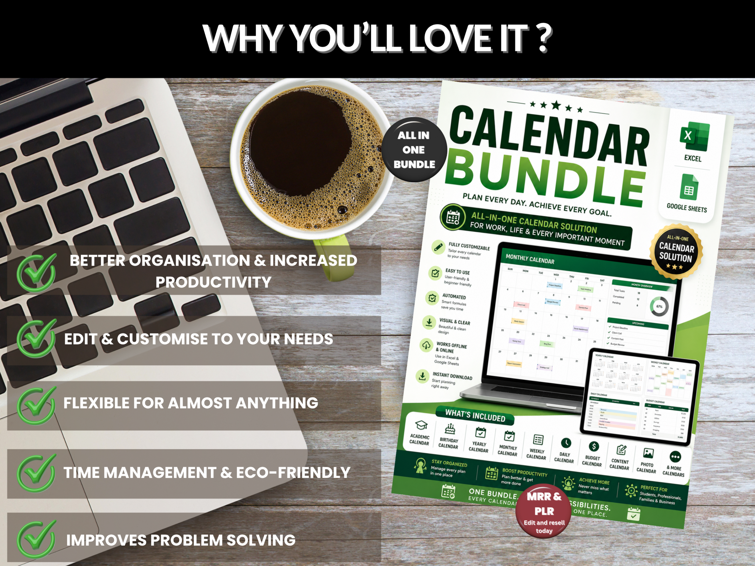 Calendar bundle | Excel template & google sheets | Yearly Monthly weekly daily calendars | digital calendar, excel calendar | MRR PLR Rights