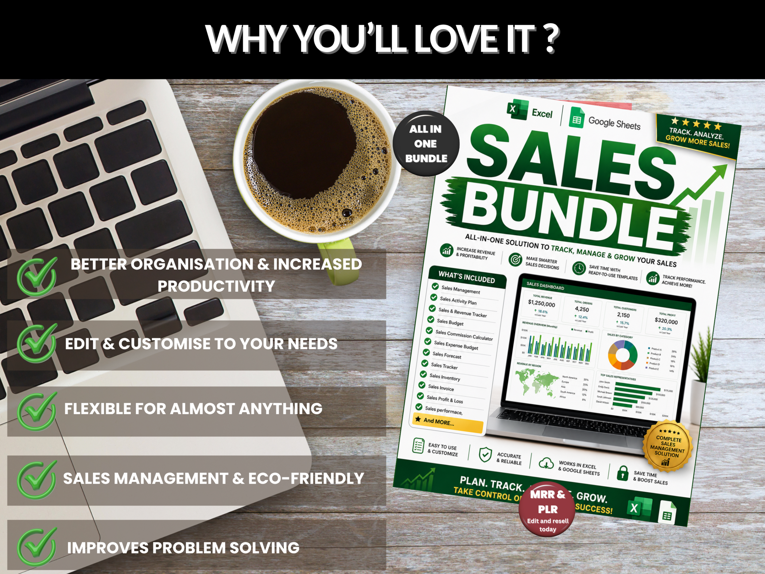 Sales bundle |Excel templates & Google sheets |Sales dashboard, tracker, planner| Sales report, budget, forecast, excel sales|PLR MRR Rights