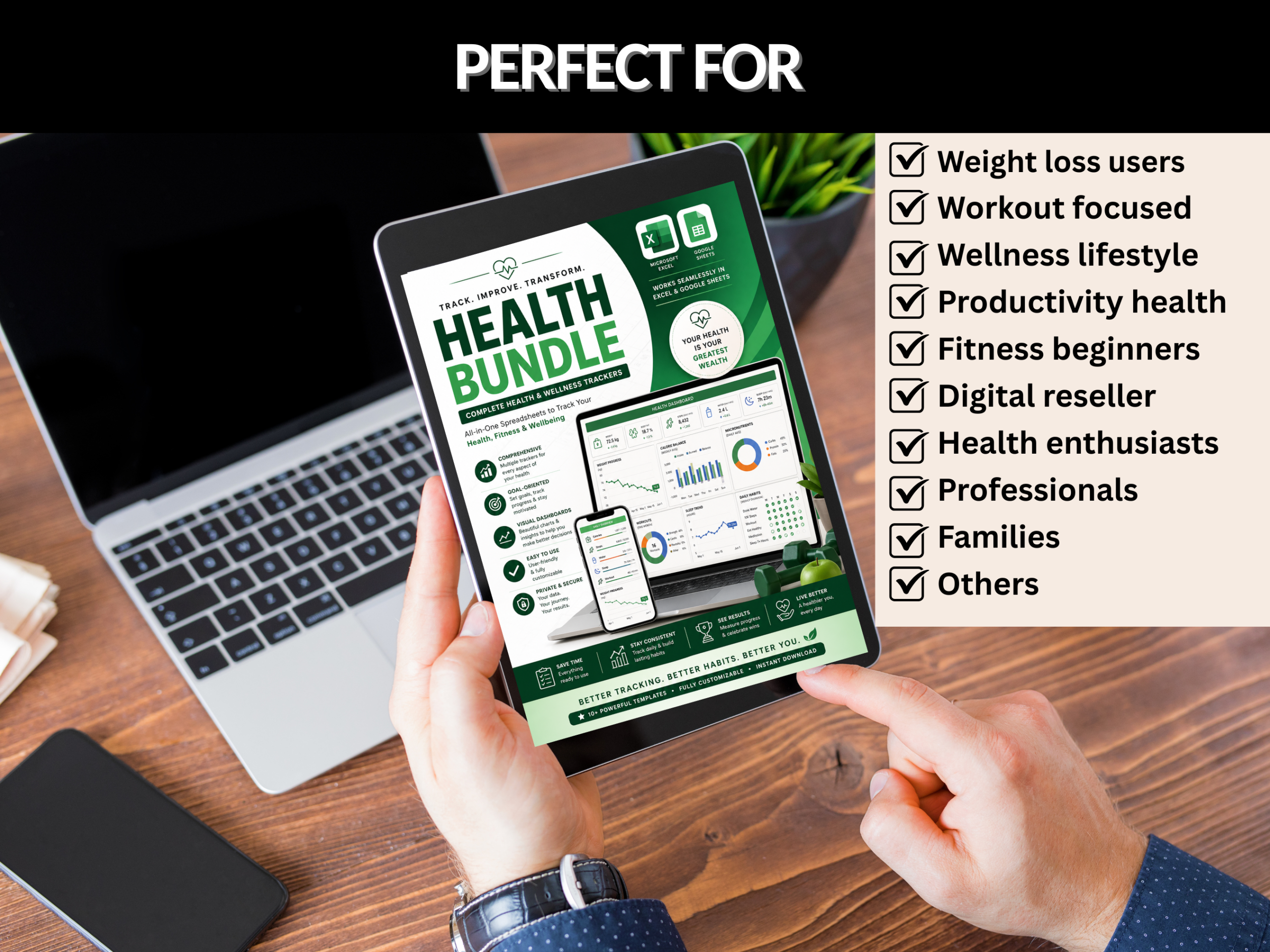 Health bundle | Excel and Google sheets | Health dashboard, Exercise tracker, fitness, Progress charts, Weight loss tracker | PLR MRR Rights