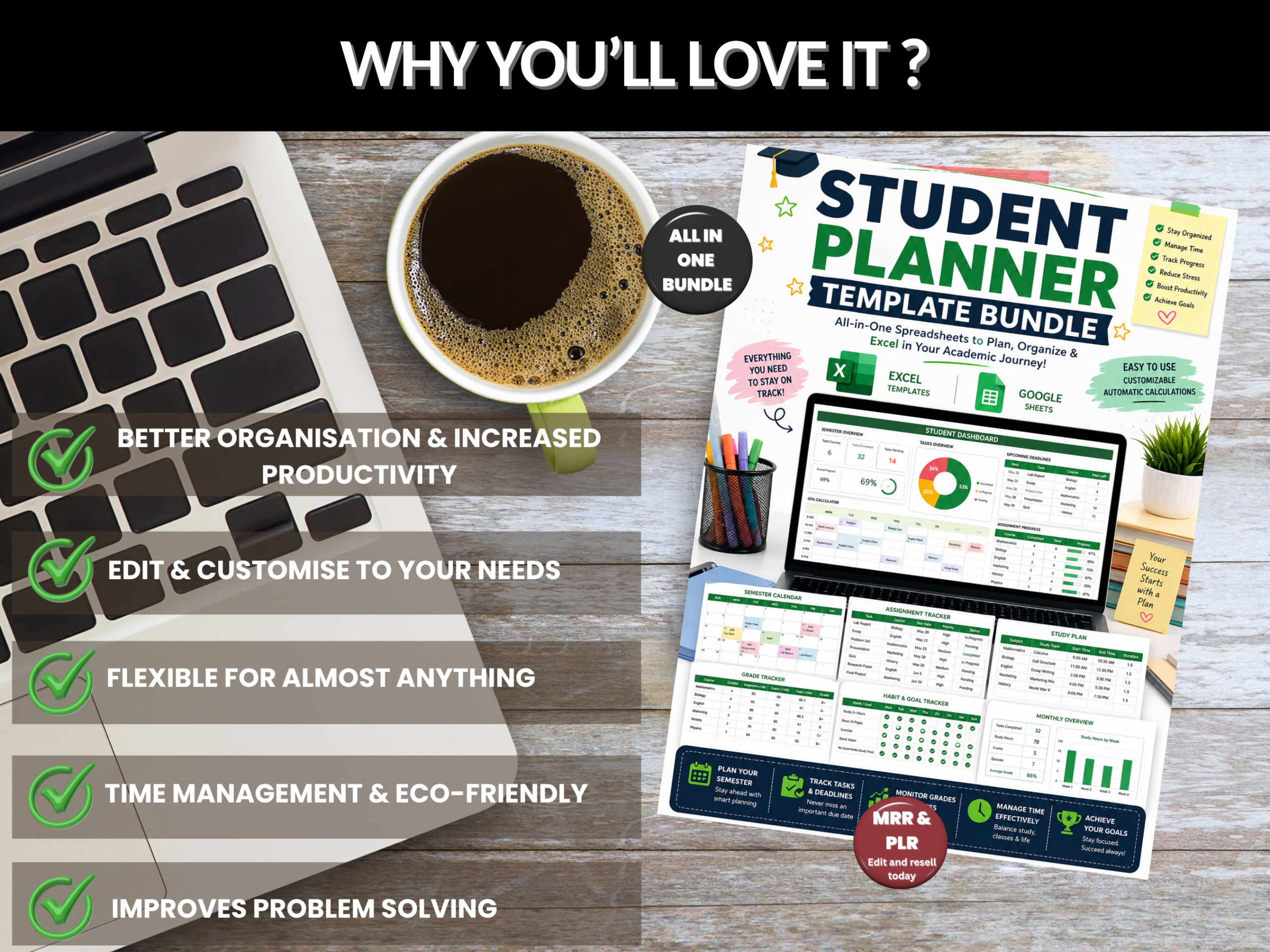 Student planner bundle | Excel template & Google sheets | Study planner, college, school, student tracker, student dashboard| PLR MRR Rights