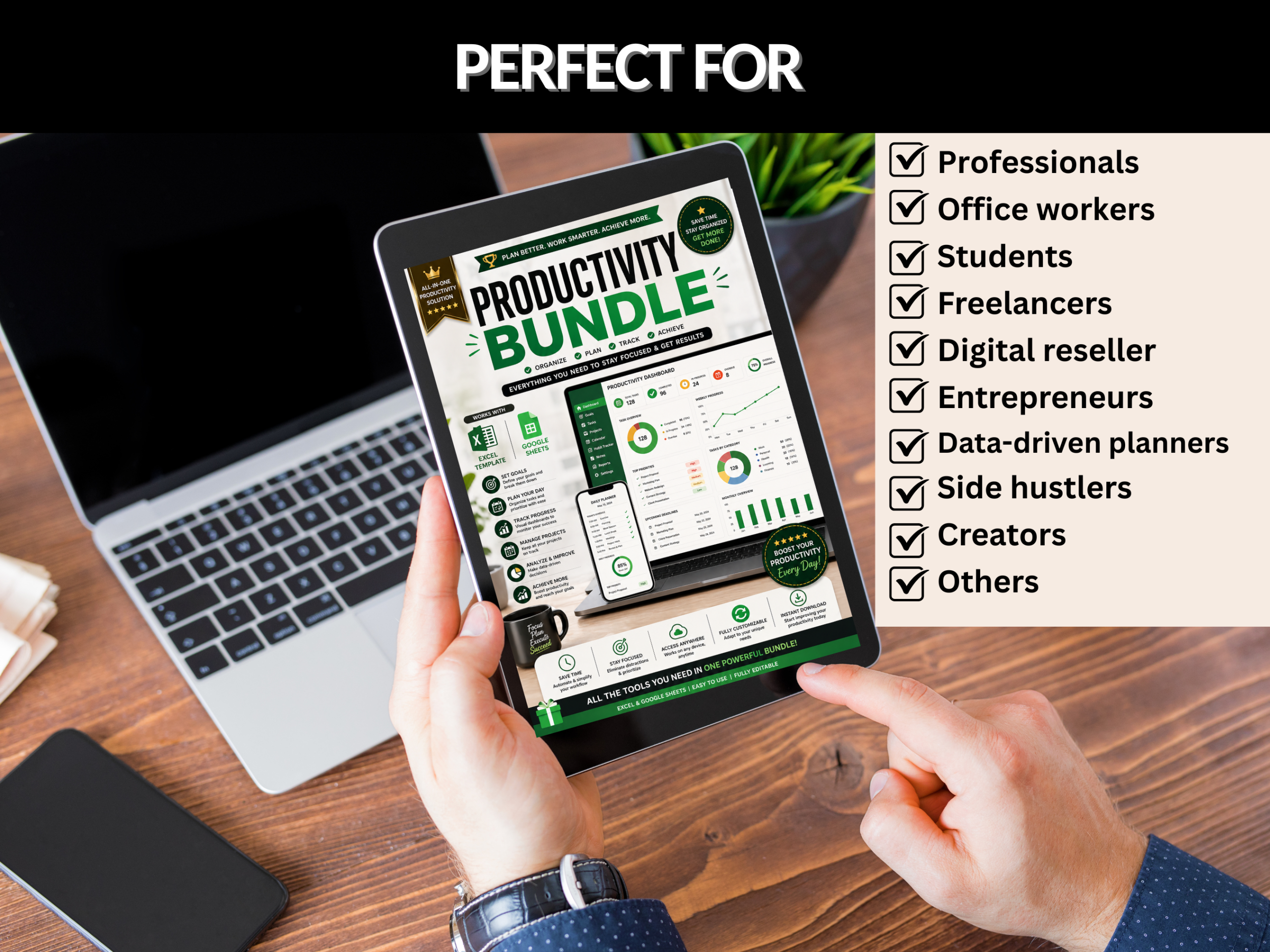 Productivity bundle | Excel templates & Google sheets | Productivity Kit, Goal tracker, habit tracker, Productivity hub | PLR MRR Rights