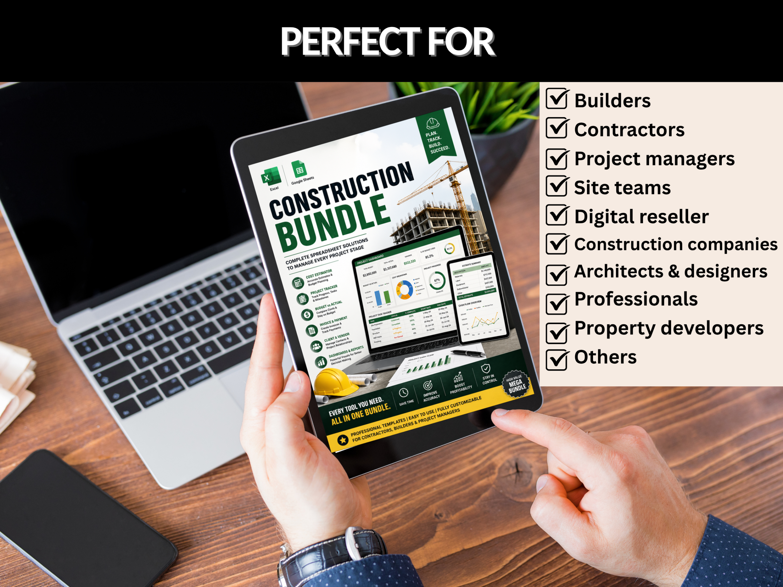 Construction bundle | Excel template & google sheets | Construction budget, trackers, construction management, dashboard | PLR MRR Rights